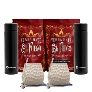 Yerba Mate-set för två: El Fuego 2x500g + 2x Termos LED + 2x Kalebass + 2x Bombilla