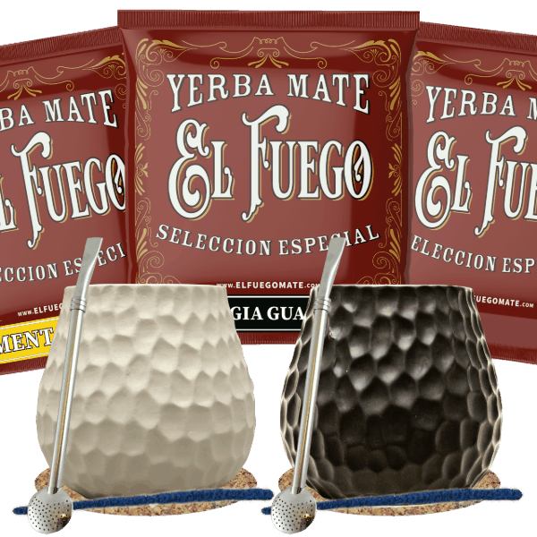 Yerba Mate Set för två: prover El Fuego 3x50g + 2x Kalebass + 2x Bombilla