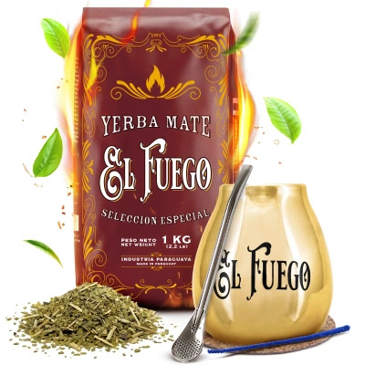 Yerba Mate-set: El Fuego Elaborada 1kg + Kalebass + Bombilla