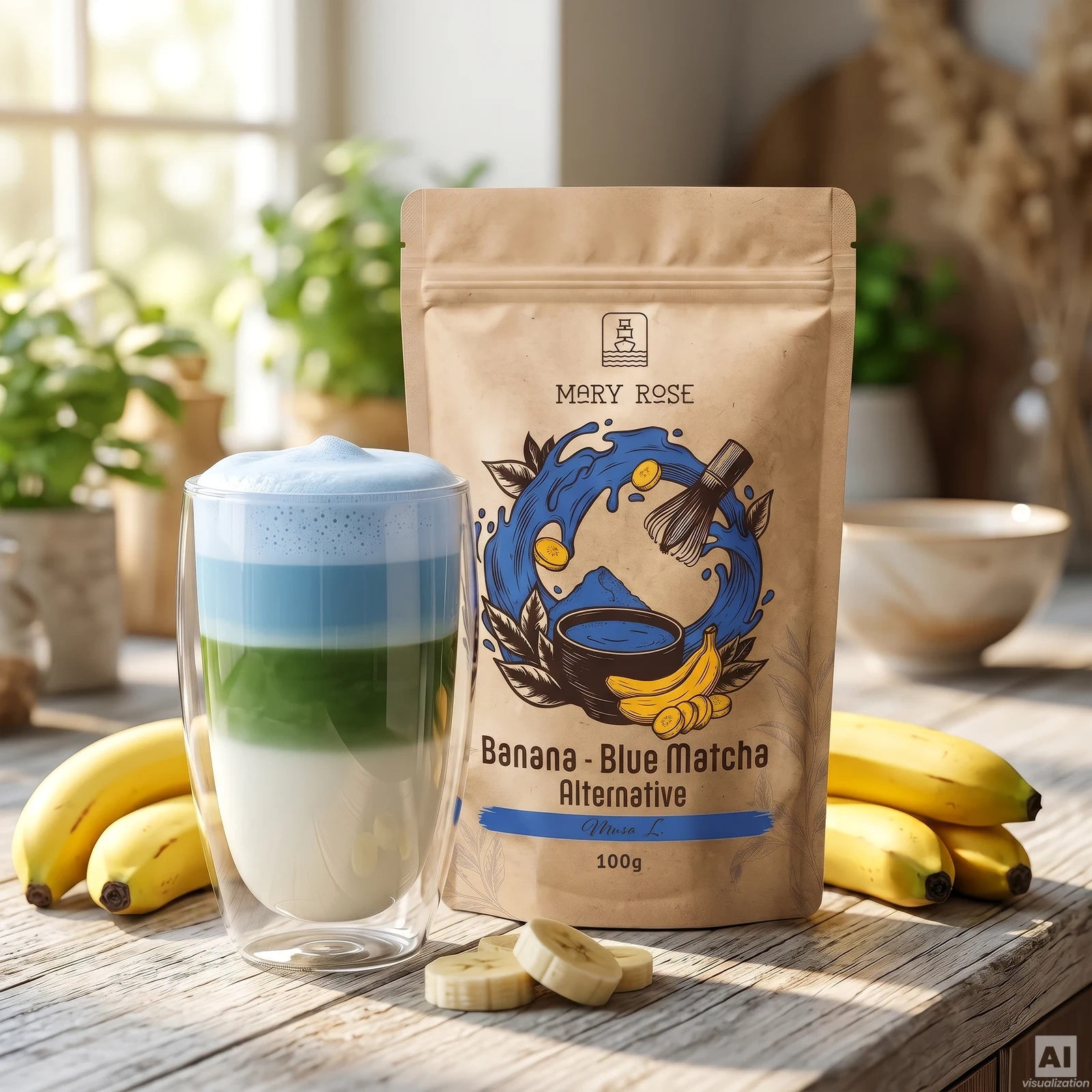 Trefärgad Blue Banana Matcha Latte med Mary Rose Blue Matcha Alternative Banan