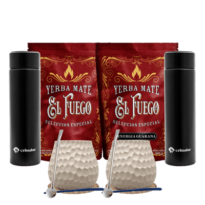 Yerba Mate-set för två: El Fuego 2x500g + 2x Termos LED + 2x Kalebass + 2x Bombilla