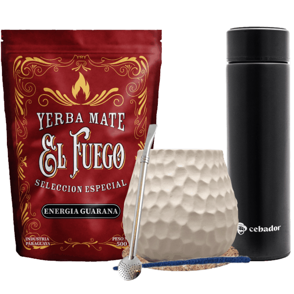 Yerba Mate Set: El Fuego 500g + Termos LED + Kalebass + Bombilla
