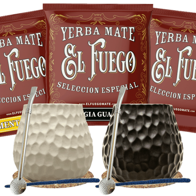 Yerba Mate Set för två: prover El Fuego 3x50g + 2x Kalebass + 2x Bombilla