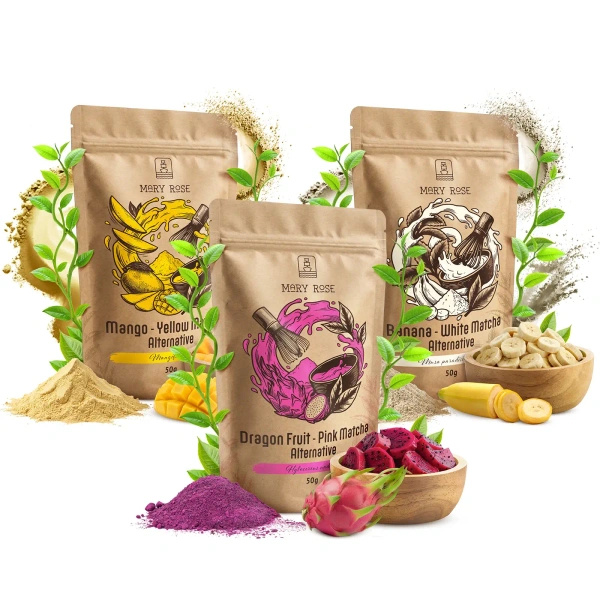 Set med färgglada matcha: Yellow Matcha + Pink Matcha + White Matcha