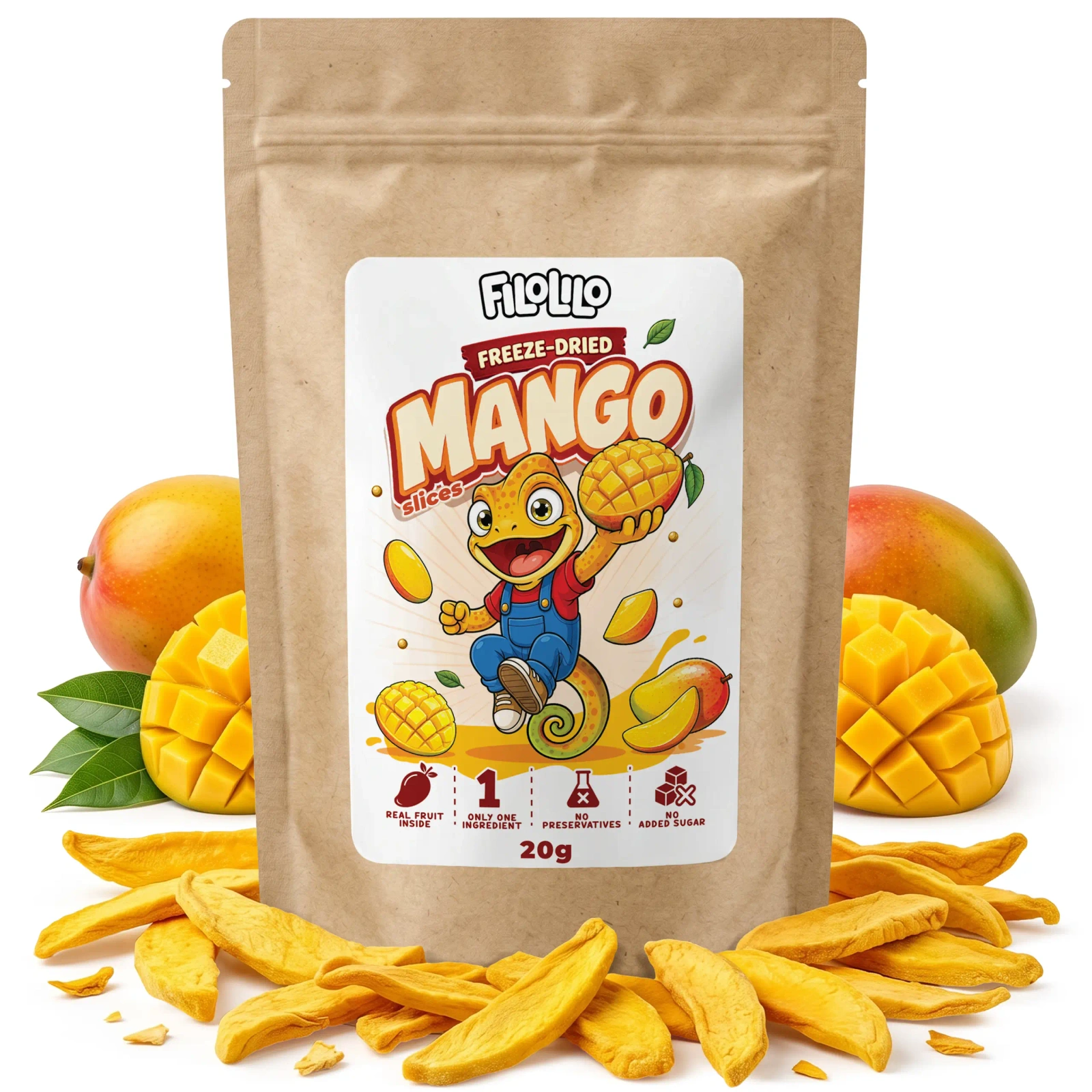 Frystorkad FiloLilo-mango i sin förpackning