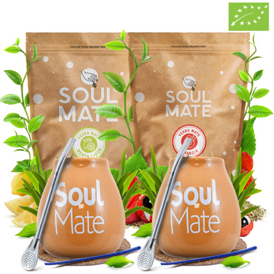 Yerba Mate-set för två: Soul Mate 2x500g + 2x Kalebass + 2x Bombilla