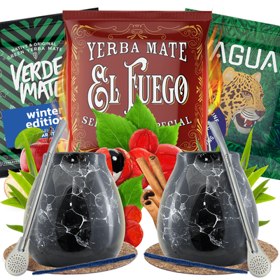 Yerba Mate-set för två: prover 3×50g + 2x Kalebass + 2x Bombilla