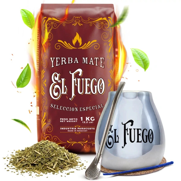 Yerba Mate-set: El Fuego Elaborada 1kg + Kalebass + Bombilla
