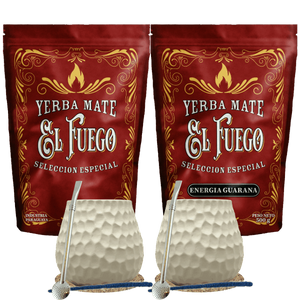 Startpaket för två personer Yerba Mate El Fuego 2×500 g + 2× Kalebass + 2× Bombilla