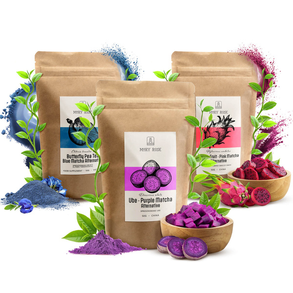 Set med färgglada matcha: Blue Matcha + Pink Matcha + Purple Matcha