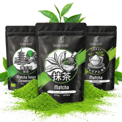 Set med 3 japanska ekologiska matcha‑teer: ceremoniell + premium + kulinarisk