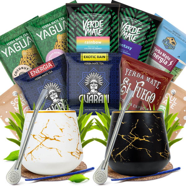 Yerba Mate-set för två: prover 10x50g 2x Kalebass + 2x Bombilla
