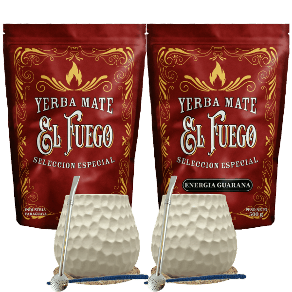 Startpaket för två personer Yerba Mate El Fuego 2×500 g + 2× Kalebass + 2× Bombilla