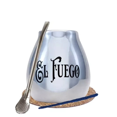 Yerba Mate BIG kalebass silver bombilla El Fuego
