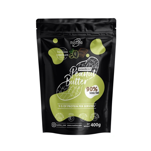 Presentset med jordnötssmör i pulverform Nustino: Pure + Chocolate + Pistachio & Chocolate 3x400g