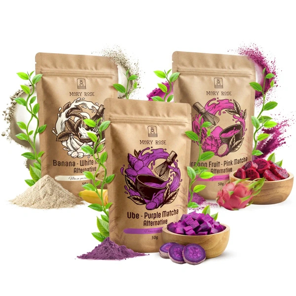 Set med färgglada matcha: Purple Matcha + White Matcha + Pink Matcha