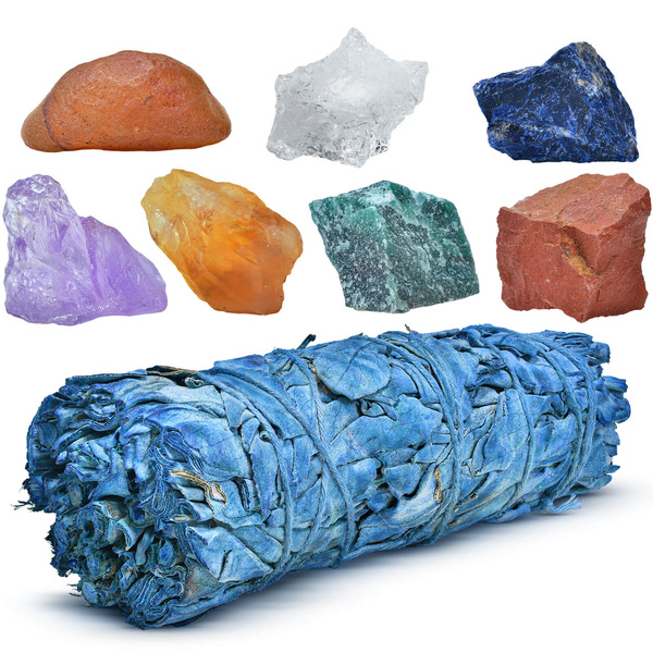 Set med naturstenar, kristaller och rökelse - esoterik, yoga, meditation