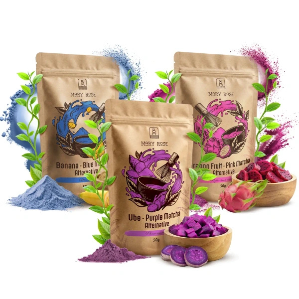 Set med färgglada matcha: Blue Matcha + Pink Matcha + Purple Matcha