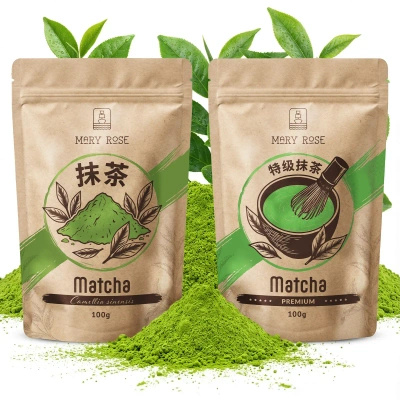 Set med 2 kinesiska matcha‑teer: premium + kulinarisk