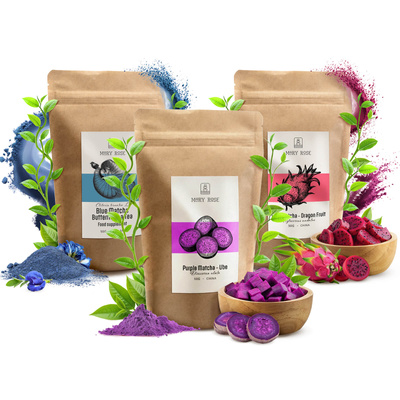 Set med färgglada matcha: Blue Matcha + Pink Matcha + Purple Matcha