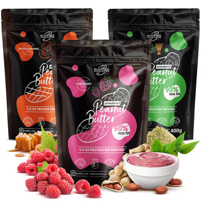 Set med jordnötssmörspulver Nustino: Raspberry + Salted Caramel + Matcha 3x400g
