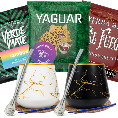 Yerba Mate-set för två: prover 3×50g 2x Kalebass + 2x Bombilla