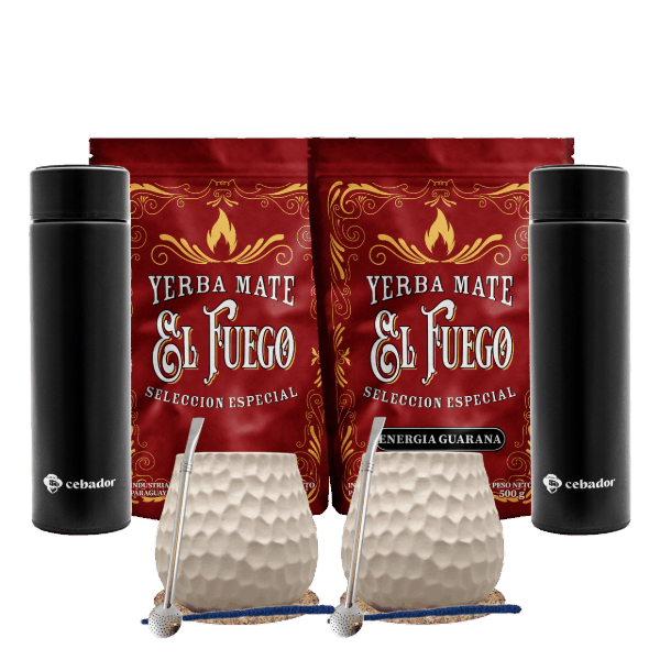 Yerba Mate-set för två: El Fuego 2x500g + 2x Termos LED + 2x Kalebass + 2x Bombilla