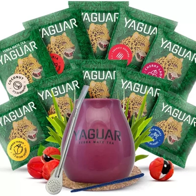 Set Yerba Mate Yaguar 10x50g Kalebass Bombilla