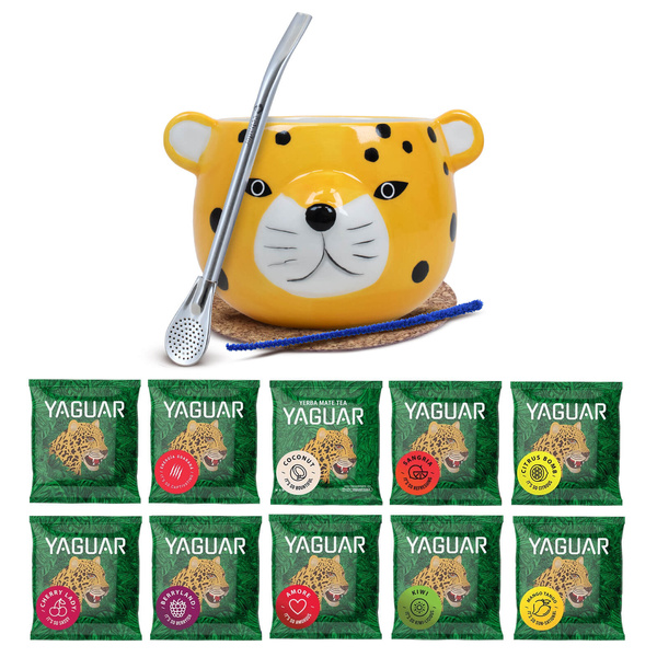 Yerba Mate-set: prover Yaguar 10x50g + Kalebass + Bombilla