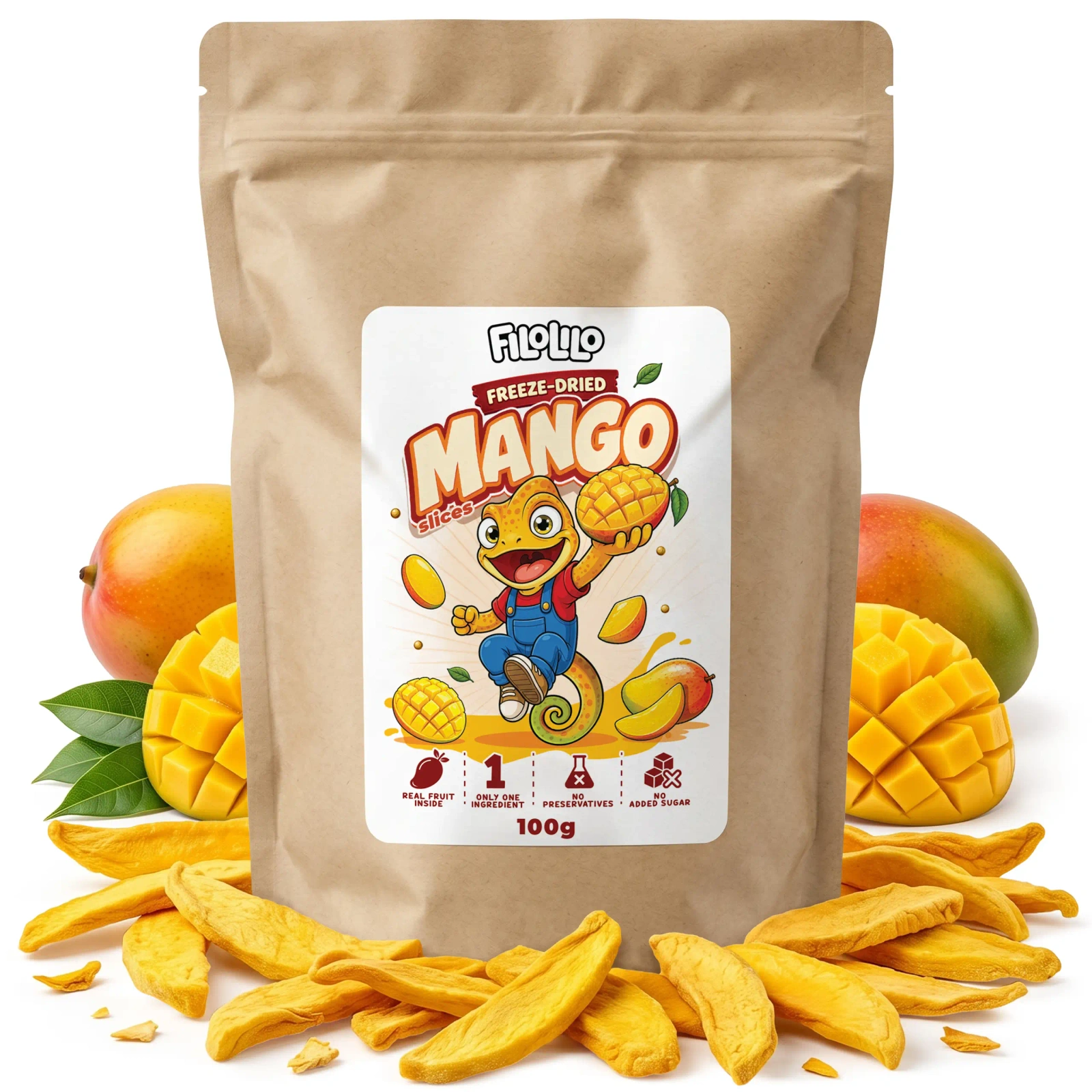 Frystorkad FiloLilo-mango i sin förpackning