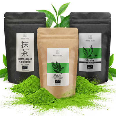 Set med 3 japanska ekologiska matcha‑teer: ceremoniell + premium + kulinarisk
