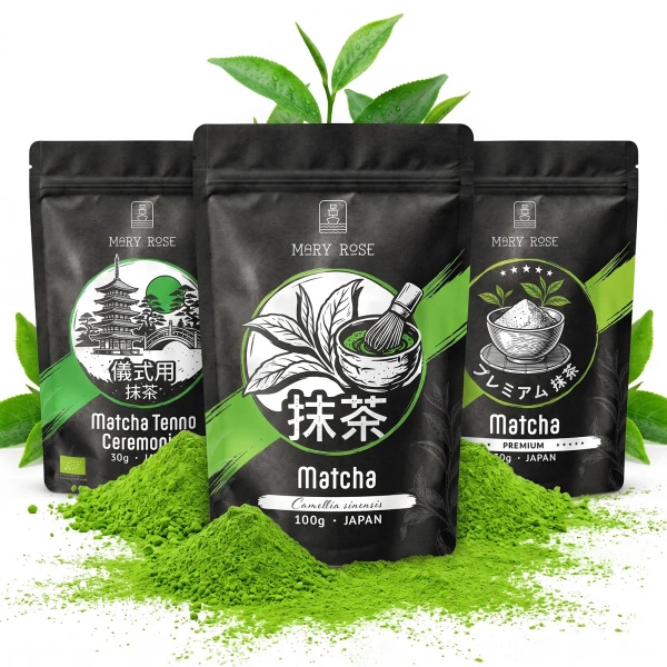 Set med 3 japanska ekologiska matcha‑teer: ceremoniell + premium + kulinarisk
