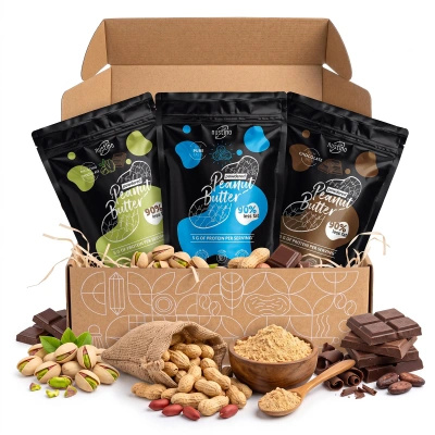Presentset med jordnötssmör i pulverform Nustino: Pure + Chocolate + Pistachio & Chocolate 3x400g