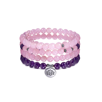 Armband Mala med ametist och rosenkvarts – Lotus Flower