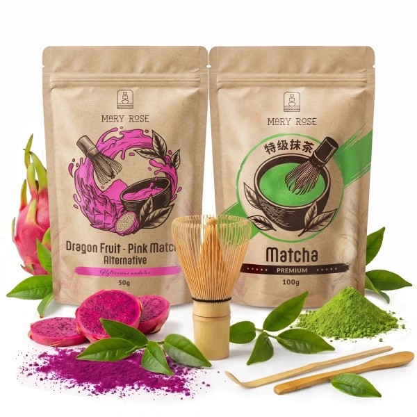 Set för färgglad Matcha Latte: Matcha + Pink Matcha + tillbehör