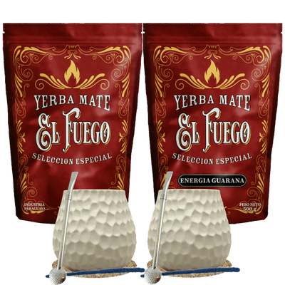 Startpaket för två personer Yerba Mate El Fuego 2×500 g + 2× Kalebass + 2× Bombilla
