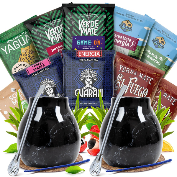 Yerba Mate-set för två: prover 10x50g + 2x Kalebass + 2x Bombilla